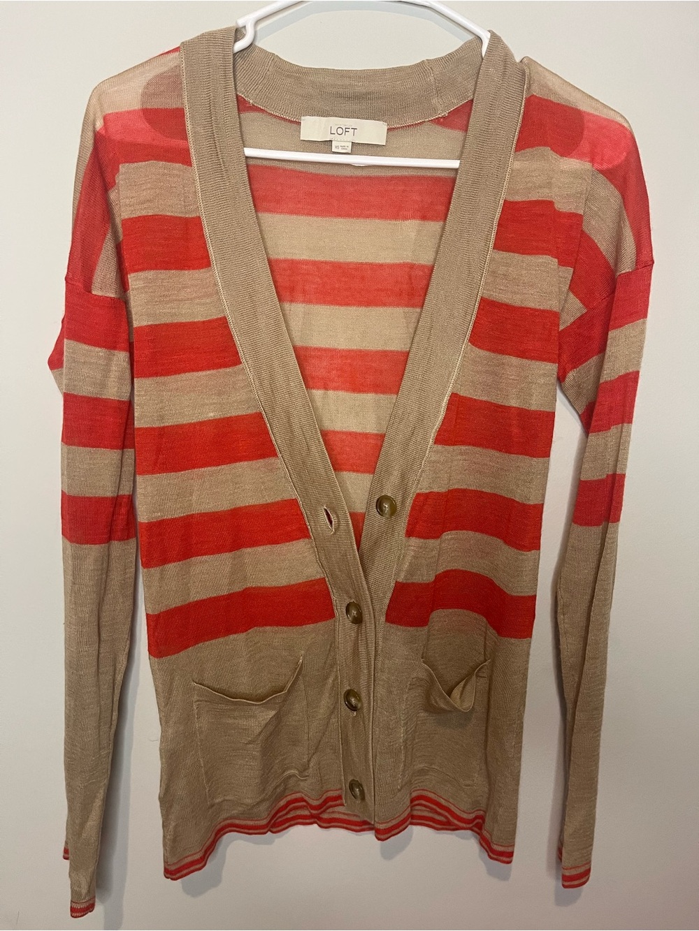 LOFT Tan and Red Striped V-Neck Button Cardigan xs